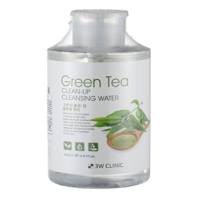 Купить 3W CLINIC Очищающая вода для снятия макияжа с экстрактом зеленого чая Green Tea Clean-Up Cleansing Water 500мл в магазине Мята Молл