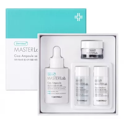 Купить Tony Moly Набор для лица Derma Master Lab Cica Ampoule (ампульная сыворотка 30мл + эмульсия 15мл + тонер 15мл + крем 5мл) в магазине Мята Молл